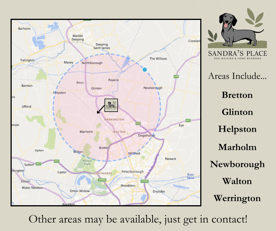 Map of Peterborough areas covered by Sandra's Place for Dogs